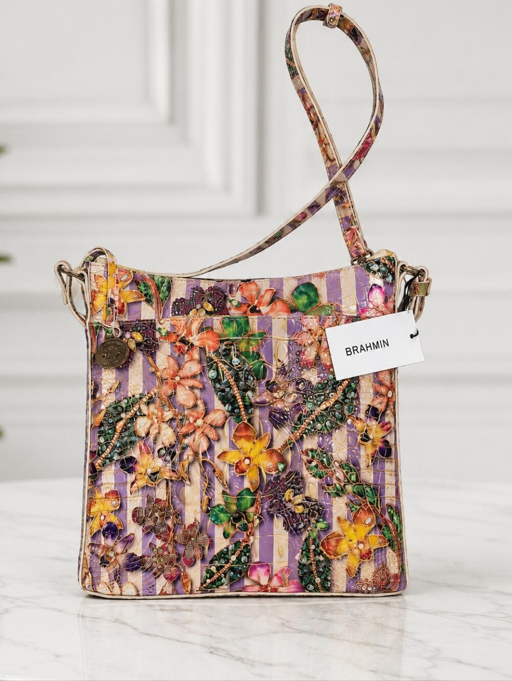 BRAHMIN Lavender Striped Floral Embossed Leather Crossbody. NWT